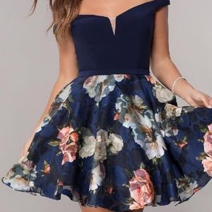 Elizabeth K by gls Off-the-Shoulder Mesh Navy Floral Dress Size S